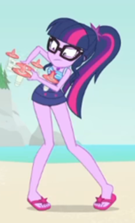 Size: 1280x2100 | Tagged: safe, screencap, sci-twi, twilight sparkle, equestria girls, equestria girls specials, g4, my little pony equestria girls: better together, my little pony equestria girls: forgotten friendship, beach, clothes, drone, feet, female, flip-flops, glasses, legs, one-piece swimsuit, ponytail, sandals, sci-twi swimsuit, selfie drone, sleeveless, solo, swimsuit