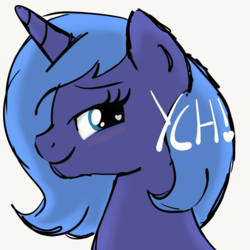 Size: 2100x2100 | Tagged: safe, artist:lannielona, princess luna, pony, advertisement, bedroom eyes, blushing, bust, commission, female, filly, heart eyes, looking back, portrait, s1 luna, simple background, sketch, solo, white background, wingding eyes, woona, young luna, younger, your character here