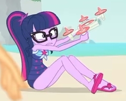 Size: 2100x1700 | Tagged: safe, screencap, sci-twi, twilight sparkle, equestria girls, equestria girls specials, g4, my little pony equestria girls: better together, my little pony equestria girls: forgotten friendship, ass, butt, clothes, drone, feet, female, flip-flops, glasses, legs, one-piece swimsuit, ponytail, sandals, schrödinger's pantsu, sci-twi swimsuit, selfie drone, sleeveless, solo, swimsuit