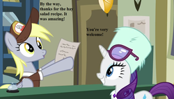 Size: 1008x576 | Tagged: safe, edit, edited screencap, editor:korora, screencap, derpy hooves, rarity, pony, g4, my little pony best gift ever, clothes, cropped, dialogue, glasses, hat, mailpony uniform, post office, uniform