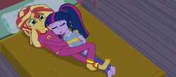 Size: 1600x705 | Tagged: safe, artist:thomaszoey3000, sci-twi, sunset shimmer, twilight sparkle, human, fanfic:at night all you have is..., equestria girls, g4, bed, blanket, clothes, fanfic, female, hug, lesbian, pajamas, ship:sci-twishimmer, ship:sunsetsparkle, shipping