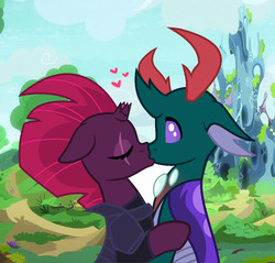 Size: 1029x982 | Tagged: safe, artist:dippygamer64, pharynx, tempest shadow, changedling, changeling, pony, unicorn, g4, broken horn, changeling kingdom, crack shipping, eye scar, eyes closed, floppy ears, heart, horn, interspecies, kiss on the lips, kissing, prince pharynx, scar, ship:tempynx, shipping