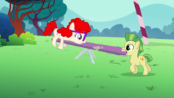 Size: 1440x810 | Tagged: safe, screencap, carrot crunch, twist, earth pony, pony, crusaders of the lost mark, g4, colt, duo, eye contact, female, filly, frown, looking at each other, male, mouth hold, nom, seesaw, stronk, super strength, walking, wide eyes