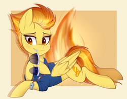 Size: 1200x938 | Tagged: safe, artist:higglytownhero, spitfire, pegasus, pony, g4, beautiful, clothes, cute, cutefire, cutie mark, female, fire, glasses, lying down, mare, moe, mouth hold, prone, shirt, solo, sunglasses, uniform, whistle, whistle necklace, wonderbolts dress uniform