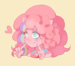 Size: 1195x1051 | Tagged: safe, artist:shenmu233, pinkie pie, equestria girls, g4, blushing, bust, clothes, female, heart, rainbow power, shirt, simple background, smiling, solo, yellow background