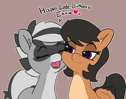 Size: 1280x1011 | Tagged: safe, artist:pabbley, oc, oc only, oc:bandy cyoot, oc:exxie, pegasus, pony, raccoon pony, duo, eyes closed, fangs, female, happy birthday, heart, mare, nuzzling, open mouth, smiling