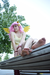 Size: 4000x6000 | Tagged: safe, artist:everage, fluttershy, human, g4, barefoot, clothes, cosplay, costume, cuffs, feet, irl, irl human, photo, sleeveless