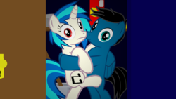 Size: 1920x1080 | Tagged: safe, artist:agkandphotomaker2000, dj pon-3, vinyl scratch, oc, oc:pony video maker, pony, g4, canon x oc, caught, closet, kissing, pony video maker x vinyl scratch, videoscratch