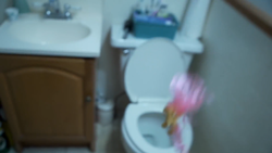 Size: 1334x750 | Tagged: safe, fluttershy, pony, g4, abuse, bait, blurry, but why, context is for the weak, cursed image, flutterbuse, go to sleep gladmane, irl, littleshyfim, photo, toilet, toy, toy abuse, yeet