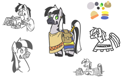 Size: 1254x801 | Tagged: safe, artist:jargon scott, oc, oc only, oc:zeta, pony, zebra, bag, book, bust, c:, clothes, ear piercing, lying down, male, partial color, piercing, reading, reference sheet, simple background, sitting, sketch, sketch dump, smiling, solo, stallion, white background, zebra oc
