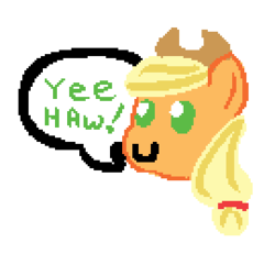 Size: 270x249 | Tagged: safe, artist:jargon scott, applejack, earth pony, pony, g4, applejack's hat, c:, cowboy hat, female, hat, head, mare, pixel art, simple background, smiling, solo, speech bubble, stylistic suck, white background, yeehaw