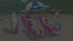 Size: 1280x720 | Tagged: safe, screencap, applejack, rainbow dash, equestria girls, g4, lost and found, my little pony equestria girls: better together, animated, applejack's hat, beach, clothes, cowboy hat, crossed legs, feet, female, flip-flops, geode of super speed, geode of super strength, glasses, hat, magical geodes, relaxing, sandals, sexy, shorts, sound, stetson, sunglasses, surfboard, swimming trunks, swimsuit, webm