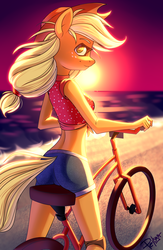 Size: 1750x2679 | Tagged: safe, artist:pellsya, applejack, earth pony, anthro, g4, backlighting, beach, beautiful, bicycle, clothes, female, freckles, looking at you, looking back, looking back at you, midriff, sand, shirt, shorts, solo, sun, sunset, water, ych result