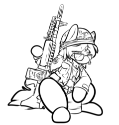 Size: 514x537 | Tagged: safe, artist:cantershirecommons, oc, oc only, oc:timeline, pony, cigarette, clothes, costume, dog tags, gun, helmet, long sleeves, m60, machine gun, male, military uniform, nightmare night costume, simple background, sitting, solo, tired, weapon, white background