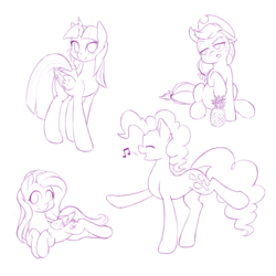 Size: 1280x1280 | Tagged: safe, artist:dstears, applejack, fluttershy, pinkie pie, twilight sparkle, alicorn, earth pony, pegasus, pony, g4, cowboy hat, female, food, hat, mare, monochrome, music notes, pineapple, simple background, sketch, smiling, stetson, twilight sparkle (alicorn)