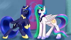 Size: 3840x2160 | Tagged: safe, artist:renarde-louve, princess celestia, princess luna, alicorn, pony, g4, :p, ;p, accessory swap, high res, horn, one eye closed, rearing, royal sisters, silly, tongue out, wings, wink