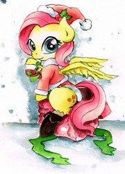 Size: 2149x2993 | Tagged: safe, artist:mashiromiku, fluttershy, pegasus, pony, g4, bipedal, christmas, clothes, commission info, costume, female, hearth's warming, high res, holiday, merry christmas, santa costume, solo, traditional art, watercolor painting