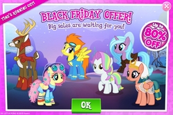 Size: 1156x767 | Tagged: safe, gameloft, idw, blackthorn, blaze, coconut cream, fluttershy, radiant hope, somnambula, deer, earth pony, pegasus, pony, unicorn, g4, advertisement, black friday, cropped, female, idw showified, mare, retro, sale