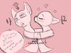 Size: 800x600 | Tagged: safe, artist:zobaloba, oc, pony, advertisement, auction, clothes, commission, couple, kissing, scarf, shared clothing, shared scarf, sketch, your character here