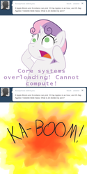 Size: 500x1000 | Tagged: safe, artist:scramjet747, sweetie belle, pony, robot, robot pony, ask sweetie bot, g4, comic, death, division by zero, does not compute, explosion, illogical, meme, self-destruct, sweetie bot, text, wtf boom!, wtf face