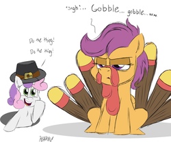 Size: 2000x1653 | Tagged: safe, artist:kdbrony, scootaloo, sweetie belle, pony, g4, cute, dialogue, duo, holiday, scootachicken, scootaturkey, simple background, thanksgiving, turkey costume, white background