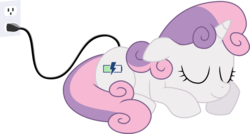 Size: 9346x5000 | Tagged: safe, artist:rmcfarland3, sweetie belle, pony, robot, robot pony, unicorn, absurd resolution, charging, cord, eyes closed, female, filly, foal, hooves, horn, lying down, prone, simple background, sleeping, smiling, solo, sweetie bot, transparent background, us plug, vector