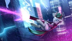 Size: 3840x2160 | Tagged: safe, artist:justafallingstar, oc, oc only, pony, angry, augmented, clothes, coat, collar, cyberpunk, falling, flying, gun, lightning, rain, shooting, weapon