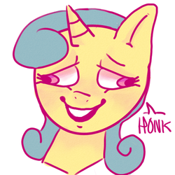 Size: 512x512 | Tagged: safe, artist:abortedfetusnecrophiliac, lemon hearts, pony, unicorn, g4, blushing, bust, derp, female, honk, lidded eyes, mare, open mouth, simple background, smiling, smirk, solo, wat, white background