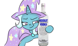 Size: 801x475 | Tagged: safe, artist:abortedfetusnecrophiliac, trixie, pony, unicorn, g4, accessory swap, alcohol, heart eyes, hug, meme, shitposting, simple background, vodka, white background, wingding eyes