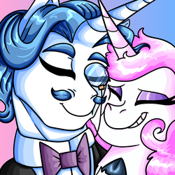 Size: 1024x1024 | Tagged: safe, artist:theatroid, fancypants, fleur-de-lis, pony, g4, eyes closed, female, grin, male, ship:fancyfleur, shipping, smiling, straight