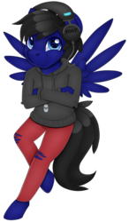Size: 5058x8640 | Tagged: safe, artist:partypievt, oc, oc only, oc:water horse, pegasus, anthro, unguligrade anthro, absurd resolution, clothes, commission, dog tags, headphones, hoodie, male, officalwaterhorse, pants, simple background, smiling, solo, torn clothes, transparent background