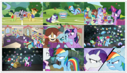 Size: 1024x590 | Tagged: source needed, useless source url, safe, edit, edited screencap, screencap, braeburn, gallus, lucky clover, ocellus, rainbow dash, rarity, sandbar, silverstream, smolder, twilight sparkle, yona, yuma spurs, alicorn, changedling, changeling, classical hippogriff, dragon, earth pony, griffon, hippogriff, pegasus, pony, unicorn, yak, g4, the end in friend, angry, book, boomerang (tv channel), bow, buckball, cart, clothes, cloven hooves, colored hooves, cowboy hat, dragoness, female, flying, gem, gem cave, glowing horn, hair bow, hat, hoof hold, horn, jewelry, magic, male, mare, monkey swings, necklace, notebook, smiling, stallion, student six, teenager, telekinesis, twilight sparkle (alicorn), uniform, wall of tags