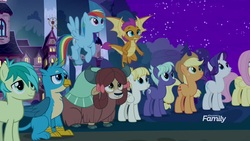 Size: 1920x1080 | Tagged: safe, screencap, applejack, fluttershy, gallus, night view, rainbow dash, rarity, sandbar, smolder, summer breeze, yona, dragon, earth pony, griffon, hippogriff, pegasus, pony, unicorn, yak, a rockhoof and a hard place, g4, bow, cloven hooves, cowboy hat, dragoness, female, flying, friendship student, hair bow, hat, male, mare, monkey swings, night, teenager