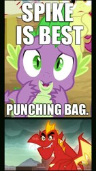 Size: 941x1669 | Tagged: safe, edit, edited screencap, screencap, garble, spike, dragon, g4, gauntlet of fire, season 6, abuse, background pony strikes again, downvote bait, duo, duo male, edgy, go to sleep garble, male, op is a duck, op is trying to start shit, shitposting, spikeabuse, wingless spike