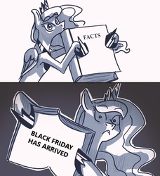 Size: 546x600 | Tagged: safe, artist:askbestprincessluna, artist:quarium edits, princess luna, pony, g4, black friday, concave belly, exploitable meme, facts, female, grayscale, luna's fact book, meme, meme template, monochrome, slender, solo, thin, twilight's fact book