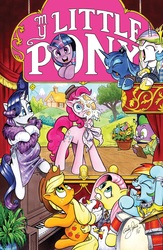 Size: 2008x3071 | Tagged: safe, artist:andy price, idw, applejack, fluttershy, pinkie pie, princess celestia, princess luna, rainbow dash, rarity, spike, twilight sparkle, alicorn, bird, chicken, dragon, earth pony, pegasus, pony, unicorn, chaos theory (arc), g4, spoiler:comic, spoiler:comic48, accord (arc), andy you magnificent bastard, animal (muppet), clothes, cover, crown, dexterous hooves, dress, drums, female, fozzie bear, gonzo, hat, high res, hoof hold, jewelry, kermit the frog, male, mane six, mare, miss piggy, musical instrument, parody, part the first: from chaos comes order, pie in the face, pied, regalia, rowlf the dog, scooter (muppet), statler, statler and waldorf, the muppet show, the muppets, title drop, waka waka, waldorf