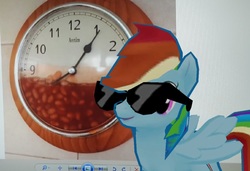 Size: 847x581 | Tagged: safe, gameloft, rainbow dash, pegasus, pony, g4, augmented reality, beans, clock, female, food, look at the time, solo, sunglasses, windows media player