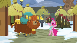 Size: 1280x720 | Tagged: safe, screencap, pinkie pie, prince rutherford, earth pony, pony, yak, g4, my little pony best gift ever, bipedal, cloven hooves, duo, ear piercing, earring, female, hair over eyes, horn, horn ring, jewelry, male, mare, moss pile, piercing, rearing, yakyakistan