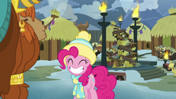 Size: 1280x720 | Tagged: safe, screencap, pinkie pie, prince rutherford, yohimbine, yojan, yvette, earth pony, pony, yak, g4, my little pony best gift ever, clothes, ear piercing, earring, eyes closed, female, grin, hat, jewelry, male, mare, piercing, scarf, smiling, unnamed character, unnamed yak, winter outfit, yakyakistan