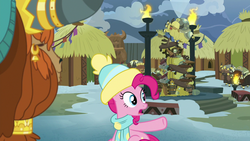 Size: 1280x720 | Tagged: safe, screencap, pinkie pie, prince rutherford, earth pony, pony, yak, g4, my little pony best gift ever, clothes, ear piercing, earring, female, hat, horn, horn ring, jewelry, male, mare, piercing, scarf, winter outfit, yakyakistan