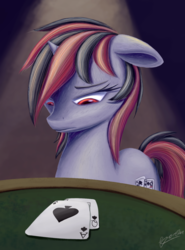 Size: 920x1242 | Tagged: safe, artist:theunconsistentone, oc, oc only, oc:blackjack, pony, unicorn, fallout equestria, fallout equestria: project horizons, card game, card table, fanfic art, female, mare, sad, solo