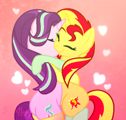 Size: 535x507 | Tagged: safe, artist:harm0nic-bases, artist:serathrix, starlight glimmer, sunset shimmer, pony, unicorn, g4, base used, bipedal, clothes, eyes closed, female, heart, hug, kissing, lesbian, mare, ship:shimmerglimmer, shipping, signature, socks, stockings, thigh highs