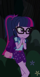 Size: 332x630 | Tagged: safe, screencap, sci-twi, twilight sparkle, equestria girls, g4, my little pony equestria girls: legend of everfree, backpack, camp everfree outfits, clothes, cropped, female, glasses, legs, ponytail, shorts, smiling, solo