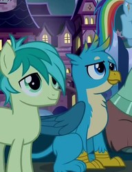 Size: 596x776 | Tagged: safe, screencap, gallus, rainbow dash, sandbar, yona, earth pony, pony, a rockhoof and a hard place, g4, chest fluff, cropped, male, offscreen character, paws, school of friendship, smiling