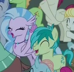 Size: 240x233 | Tagged: safe, screencap, ocellus, sandbar, silverstream, yona, classical hippogriff, earth pony, hippogriff, pony, a rockhoof and a hard place, g4, cropped, cutie mark, eyes closed, female, male, offscreen character, ponies standing next to each other, smiling
