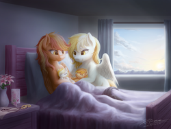 Size: 1024x768 | Tagged: safe, artist:novaintellus, oc, oc only, oc:lily dreams, oc:serenity, oc:sunny skies, oc:white feather, pegasus, pony, baby, baby pony, bedroom, commission, family, female, foal, male, mare, married couple, mountain, mountain range, offspring, parent:oc:serenity, parent:oc:white feather, parents:serenither, scenery, serenither, shipping, sleeping, stallion, straight