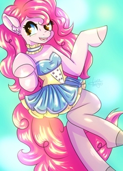 Size: 2750x3812 | Tagged: safe, artist:lucaaegus, pinkie pie, anthro, unguligrade anthro, g4, choker, clothes, dancing, dress, female, fluffy skirt, high res, solo