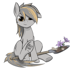 Size: 2062x2029 | Tagged: safe, oc, oc only, oc:smokey debt, earth pony, pony, 2019 community collab, derpibooru community collaboration, flower, hello there, high res, shovel, simple background, sitting, solo, transparent background