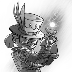 Size: 3000x3000 | Tagged: safe, artist:fimflamfilosophy, oc, oc only, oc:master engineer chet, pony, buck legacy, black and white, card art, clothes, coat, female, goggles, grayscale, gun, hat, high res, mare, monochrome, ponytail, steampunk, top hat, weapon