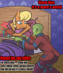 Size: 1089x1249 | Tagged: safe, artist:nignogs, ms. harshwhinny, oc, oc:anon, pony, g4, /mlp/, bed, bedroom, blushing, caption, clothes, colored, comfy, duo, flower, loving gaze, pajamas, parody, pillow, relaxed, reversed gender roles equestria